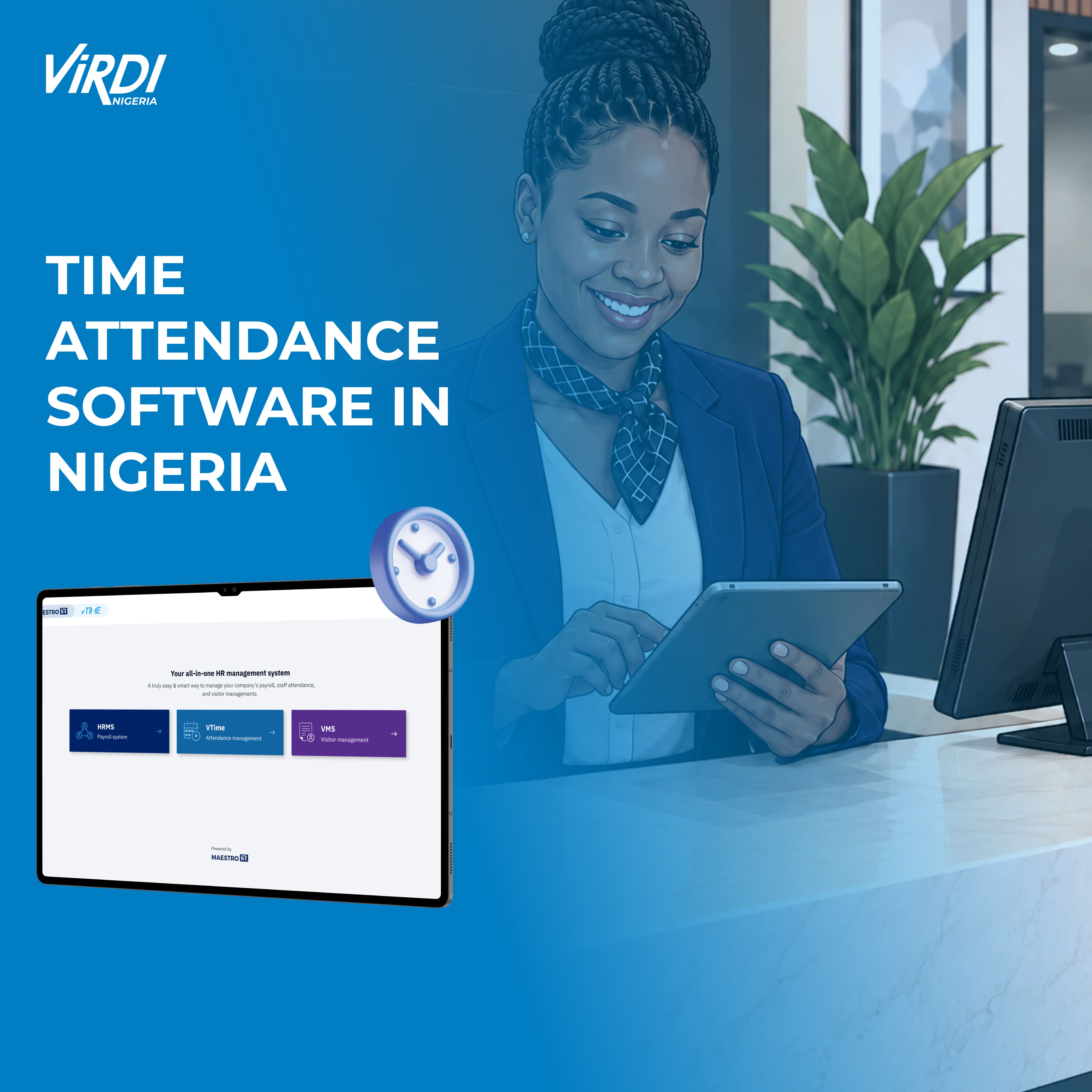 Time and Attendance Software In Nigeria displayed on the Virdi vTiME workforce management platform interface.